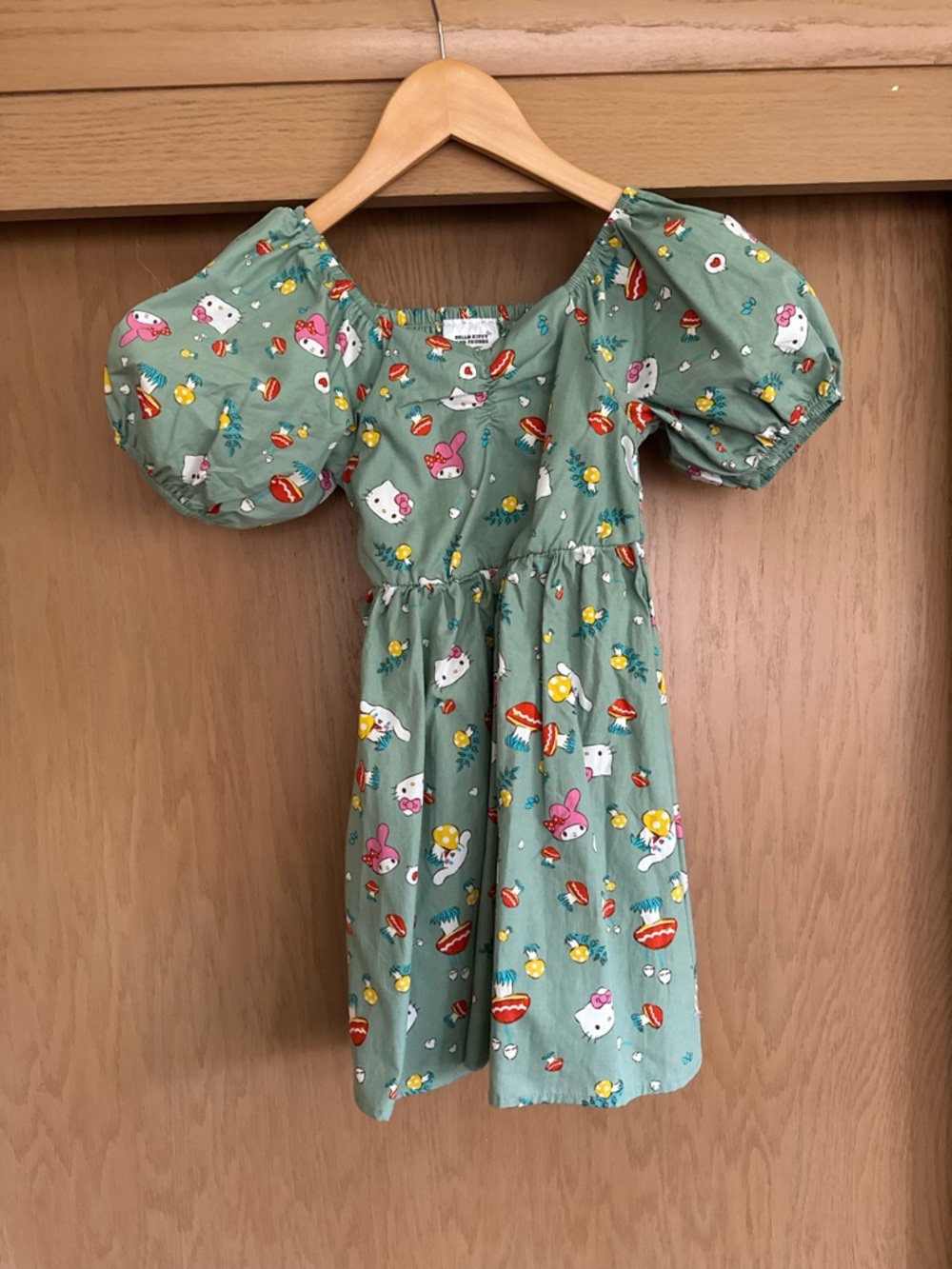 NWOT Kids Puff-Sleeve Dress in Sage Green with Hello Kitty Print